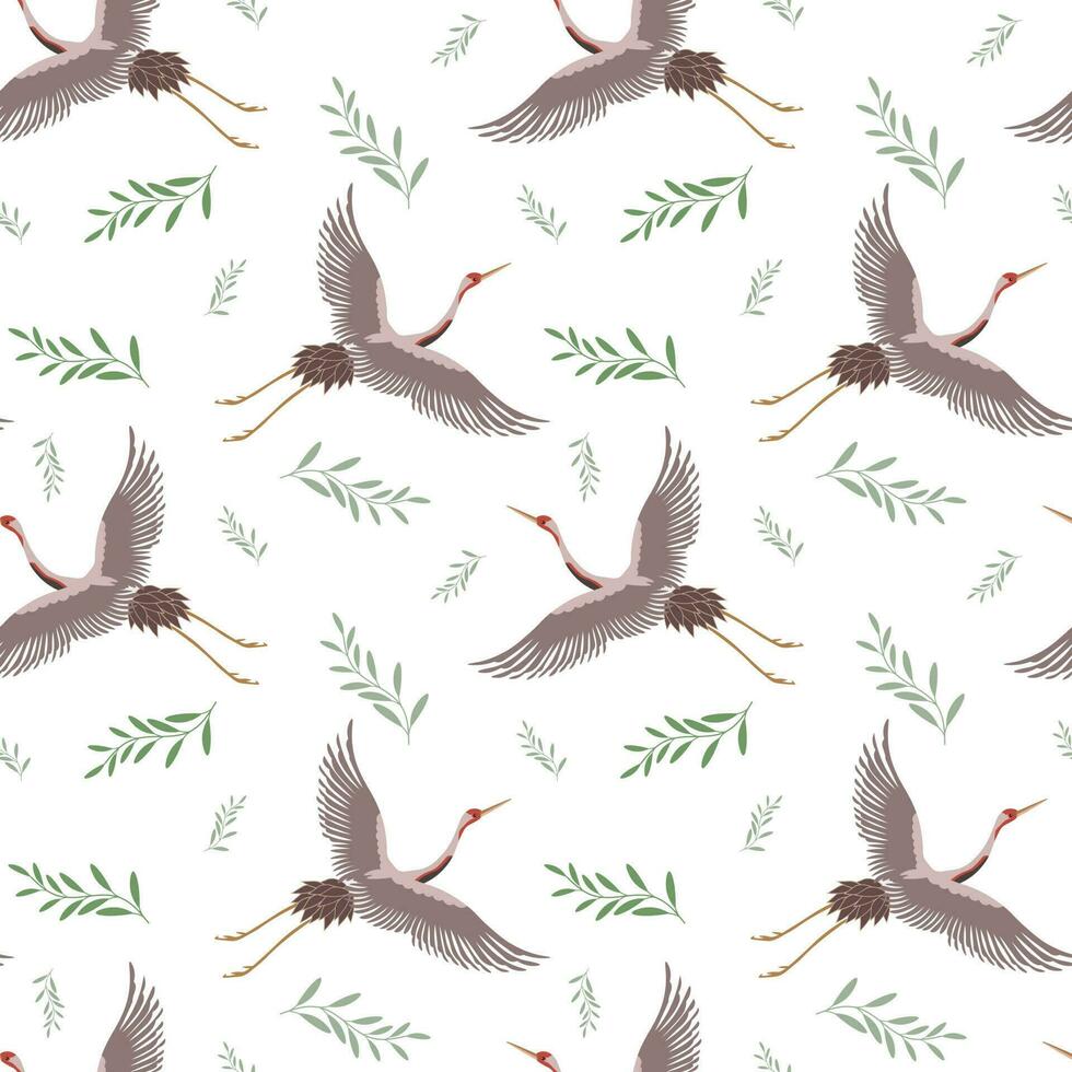 Seamless pattern, white flying cranes on a white background. Background, textile, wallpaper, vector