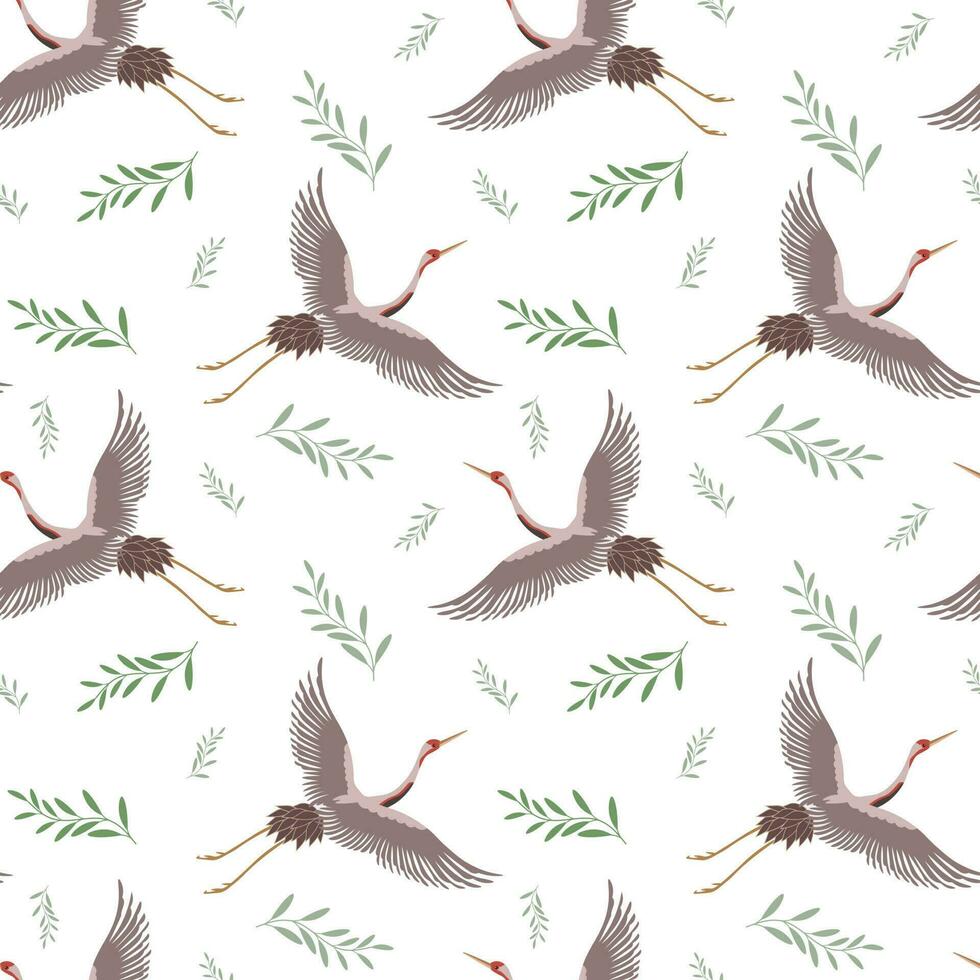 Seamless pattern, white flying cranes on a white background. Background, textile, wallpaper, vector