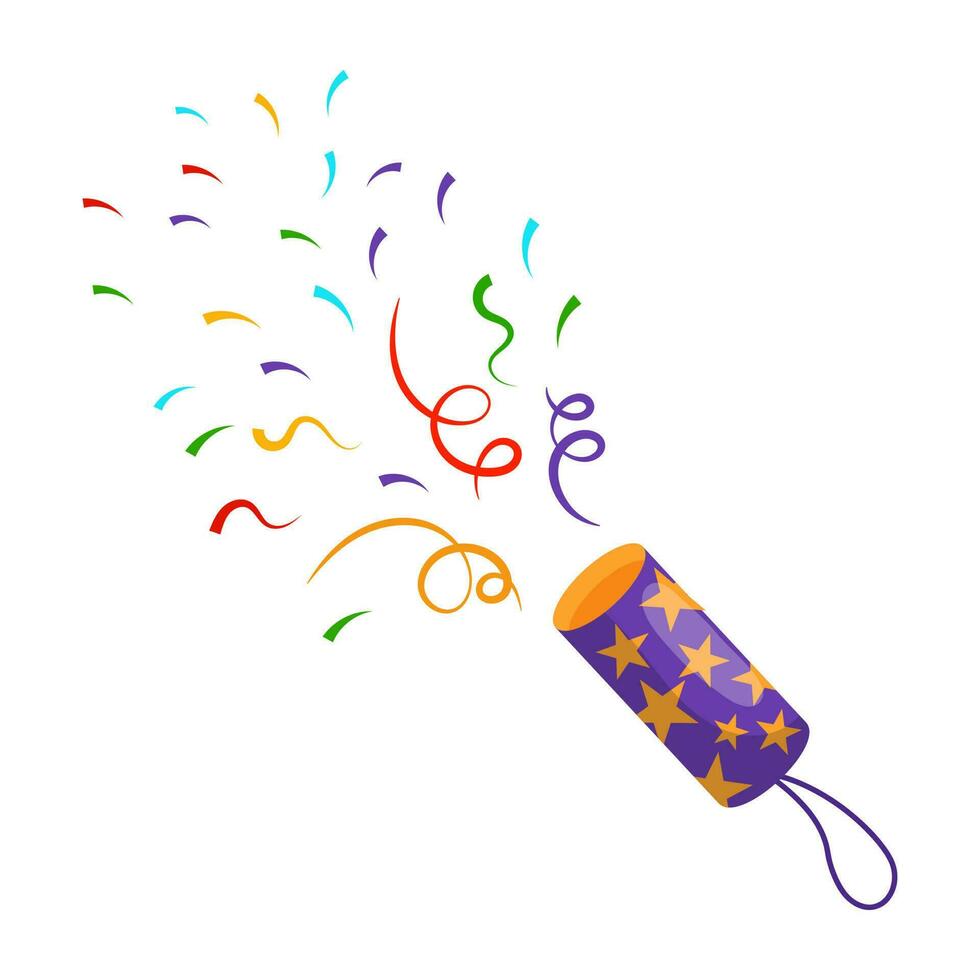 Exploding party popper with ribbons, confetti and serpentine. Holiday icon, vector