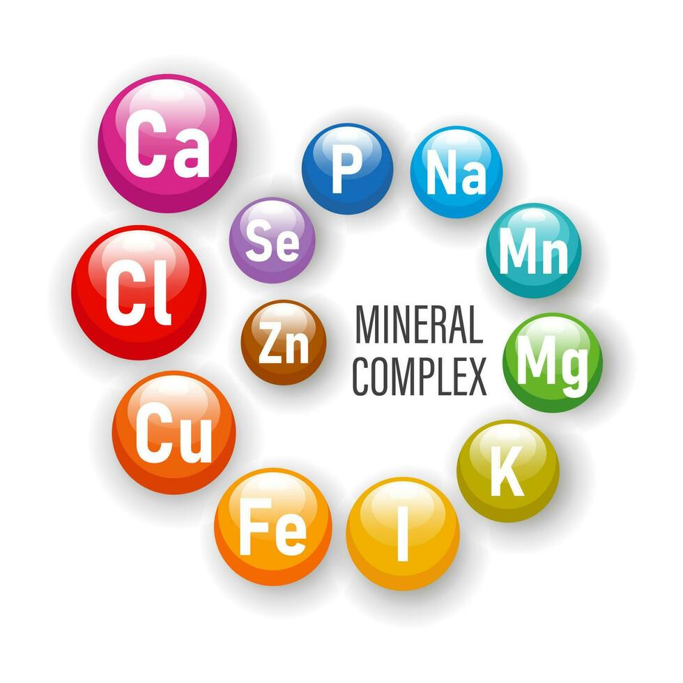 Mineral complex of healthy nutrition. Illustration of mineral icons on a white background. The concept of medicine and healthcare. Vector