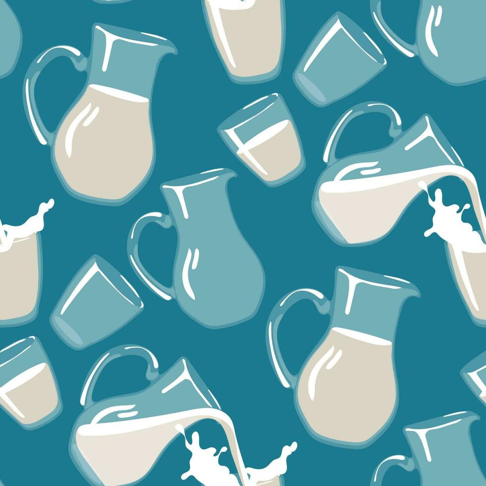 A pattern of glass jugs and glasses with milk. A glass tumbler and a jug of milk in a flat style. Farm products. Vector illustration. Background on a blue background with glass containers. Packaging