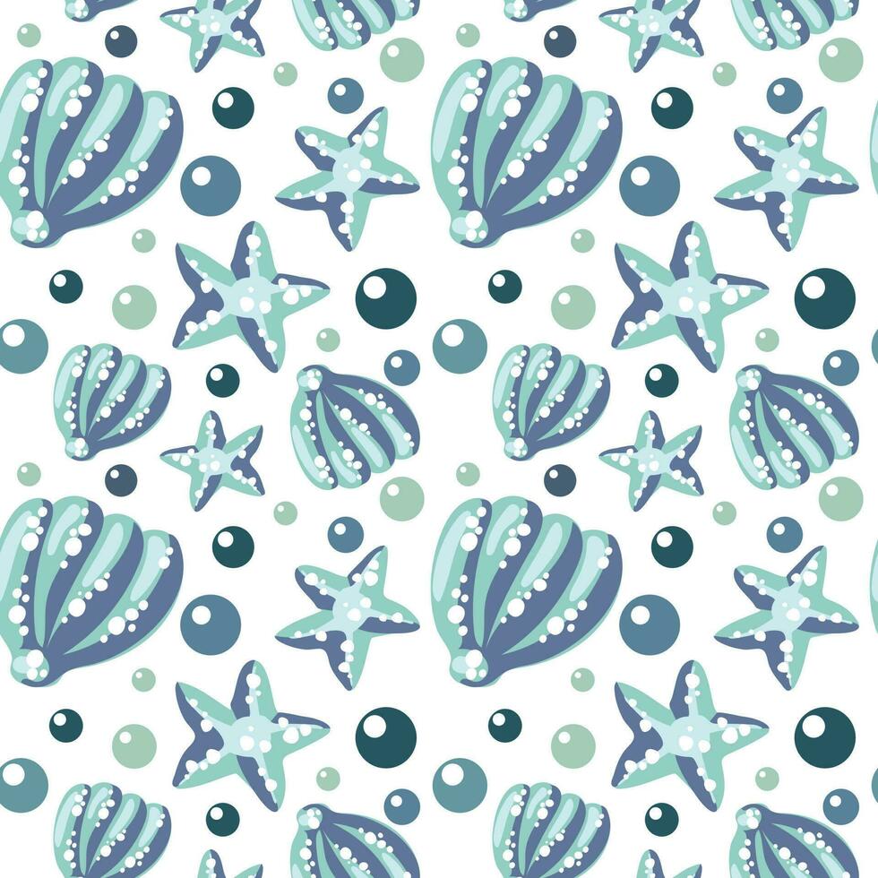 Vector print with a seamless pattern of blue seashell and starfish on a white background. Marine animals swim. Design of vector illustrations for fashionable fabrics, textile graphics, prints