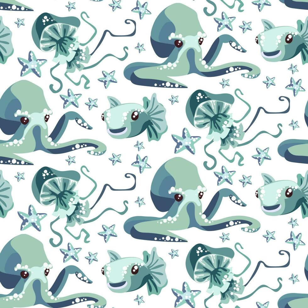 Vector print with a seamless pattern of blue octopus, fish, jellyfish on a white background. Marine animals swim. Design of vector illustrations for fashionable fabrics, textile graphics, prints
