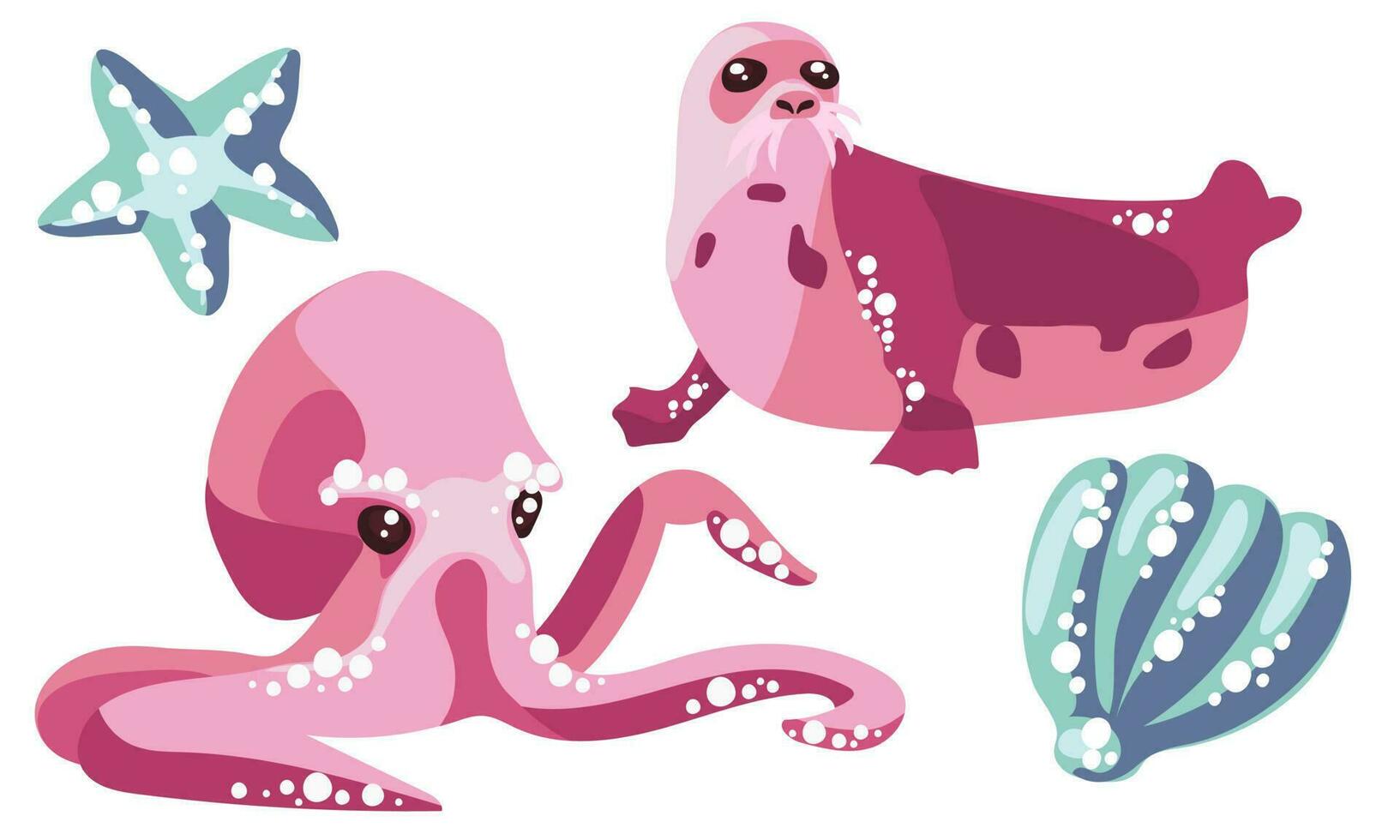 Mini set with pink octopus, seal and blue seashell, starfish. Cute animals swim in isolation on a white background. Collection of stickers on the theme of marine animals with bubbles. Abstract forms vector