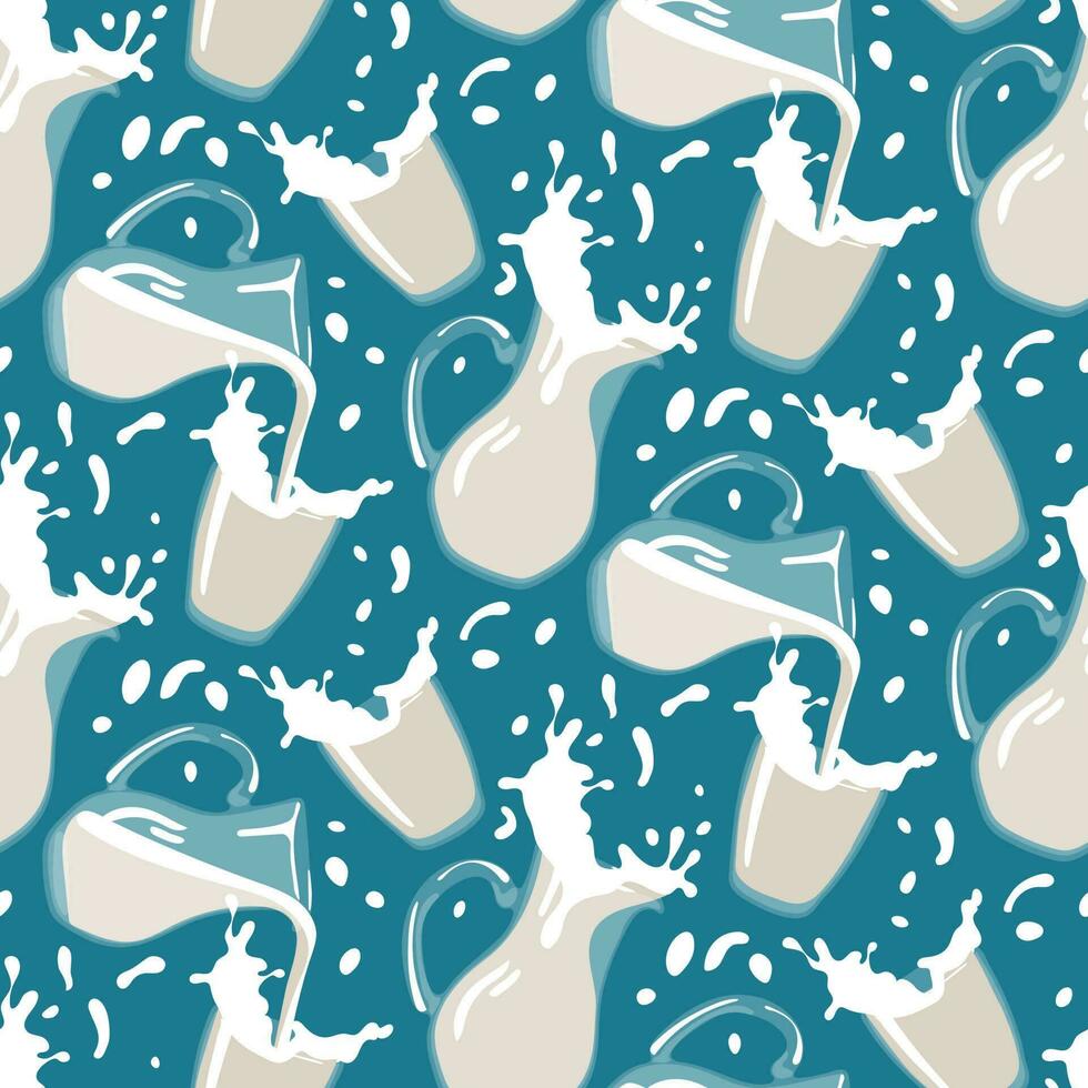 A pattern of glass jugs and glasses with milk. A glass tumbler and a jug of milk in a flat style. Farm products. Vector illustration. Background on a blue background with glass containers. Packaging