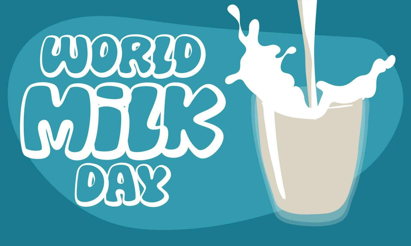 World Milk Day. Dairy business. Vector illustration, with milk pouring into a glass glass. The inscription for the holiday. Print a banner, a leaflet on a blue background. Glass containers with liquid