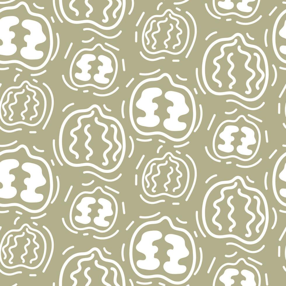 A pattern with contour sketches of walnut. The symbol is a doodle of nuts on a brown background in a section and whole Printing on textiles and paper background for vegetable milk Packing with walnuts vector