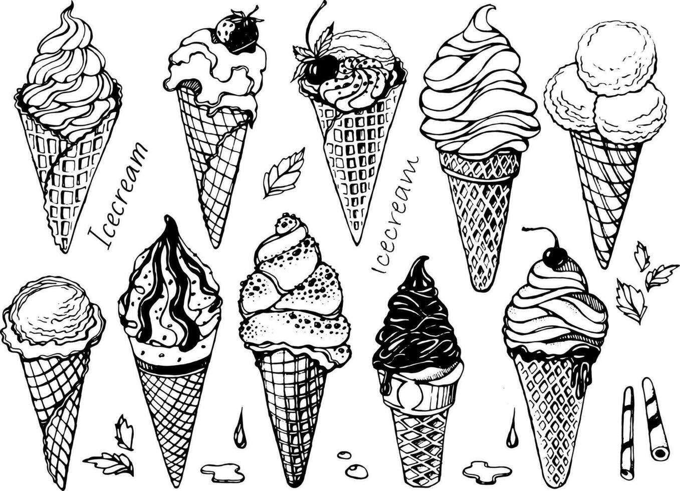 Set of ice cream in a waffle cone. Vector