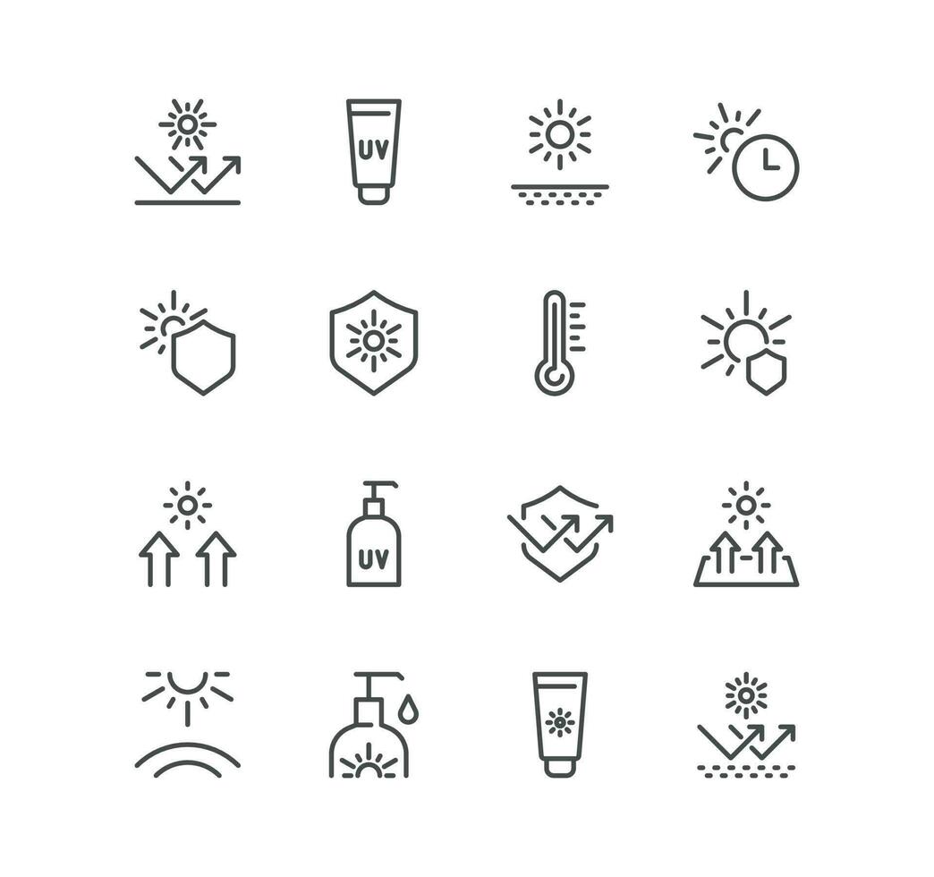 Set of sun protection related icons, sunscreen, uv rays exposure time and linear variety vectors. vector