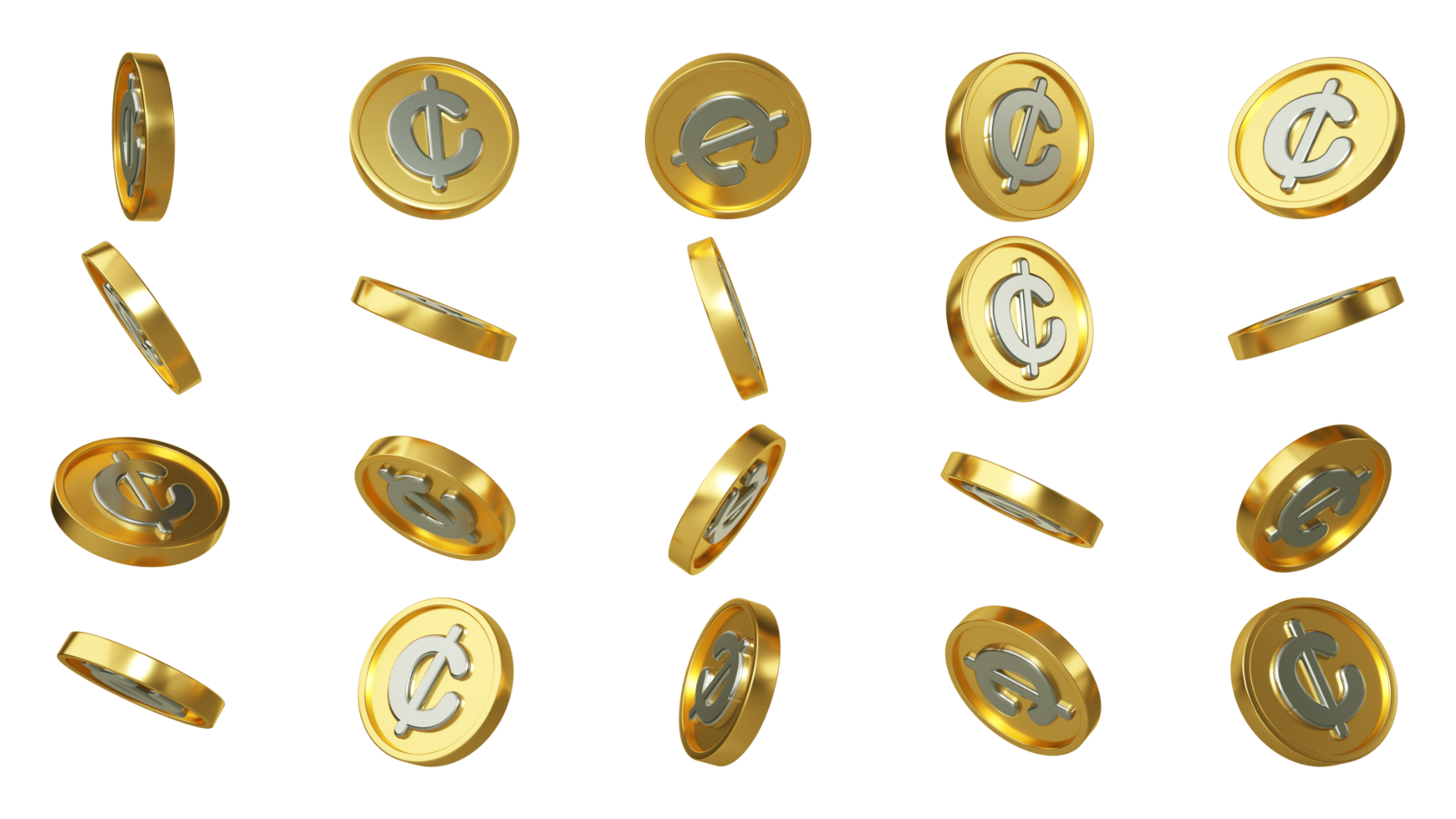 3D rendering of set of Abstract Ghanaian cedi coin concept in different angles. Cedi sign on coin design isolated on transparent background png