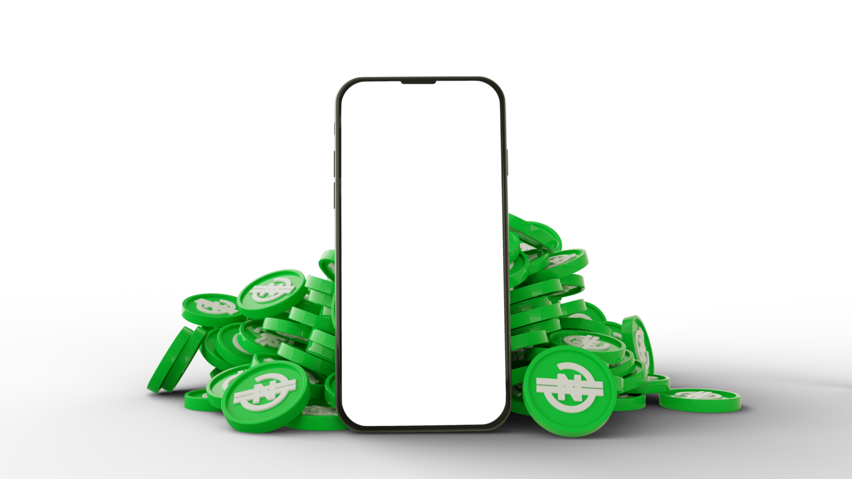 3D rendering of mobile phone with blank screen with e naira logos behind isolated on transparent background png