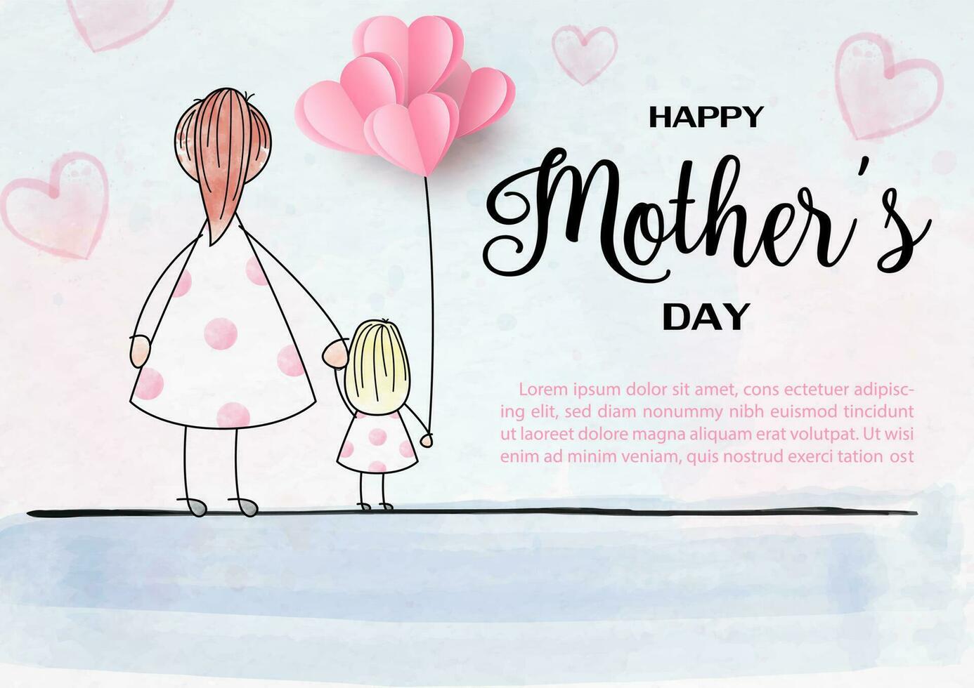 Mother and her daughter in kid drawing and watercolors style with wording of mother's day and example texts on blue paper pattern background. vector