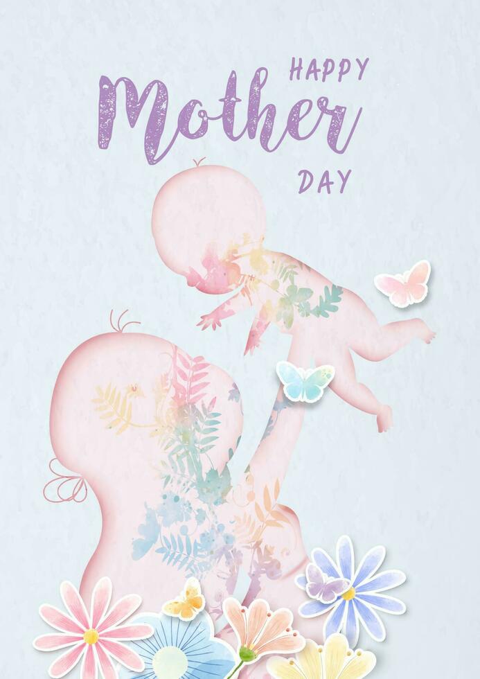 Mother's day greeting card in paper cut and watercolors style with vector design.