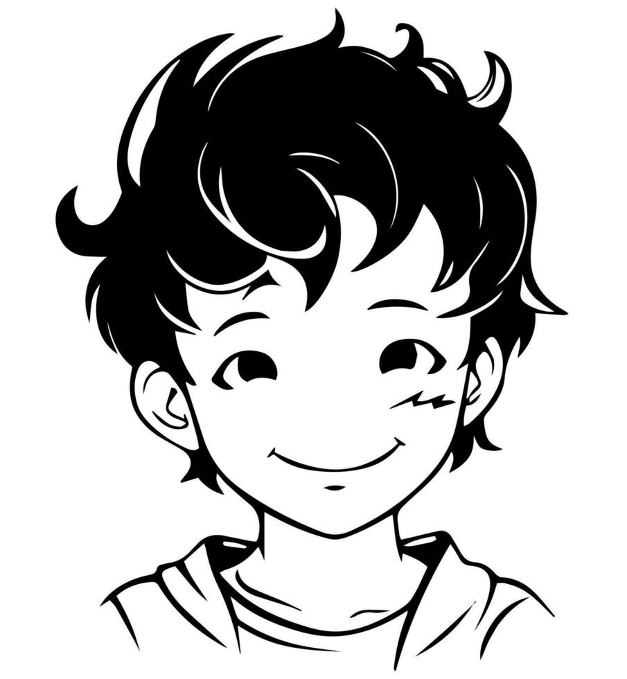 icon of boy in style of vector black and white and manga cartoon