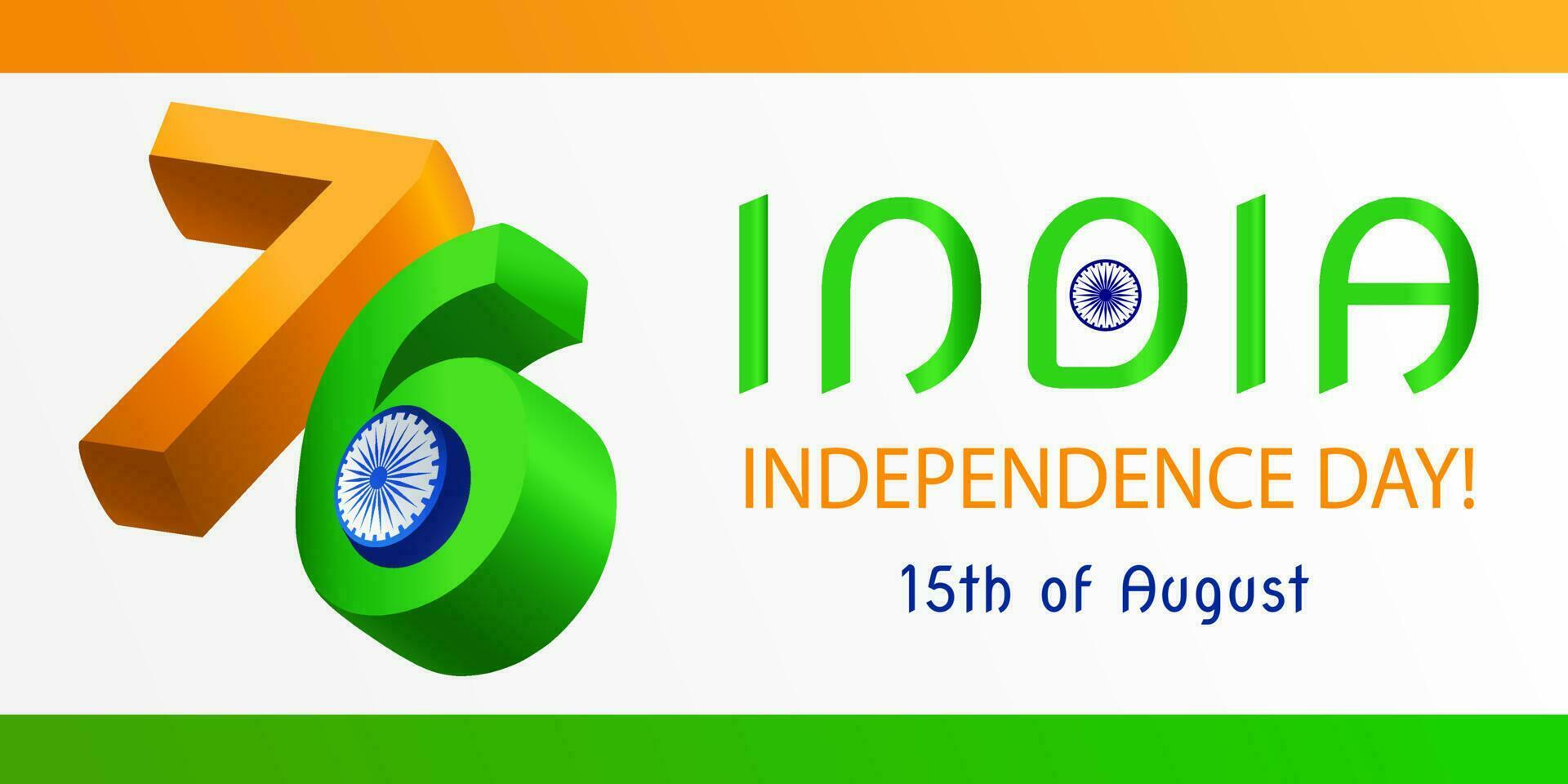 Indian Independence Day banner with 3d numbers of 76th anniversary and saffron symbol, vector banner, invitation, greeting.