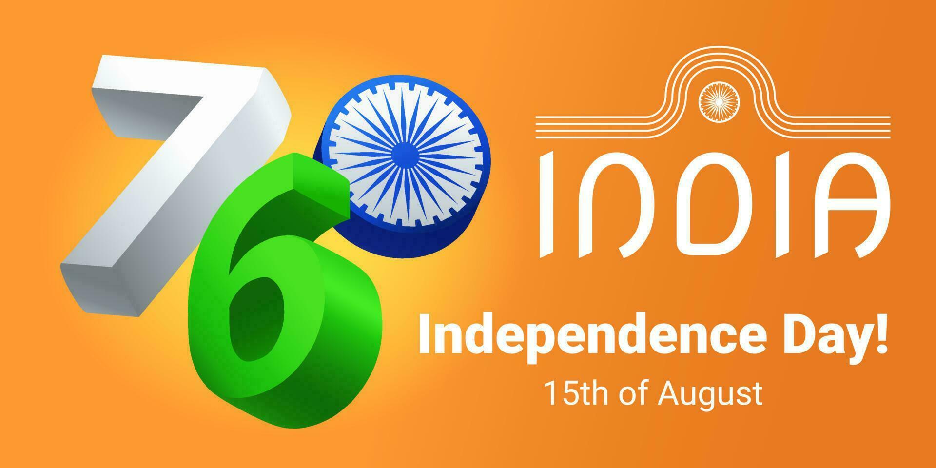 Indian Independence Day banner with 3d numbers of 76th anniversary and saffron symbol, vector banner, invitation, greeting.