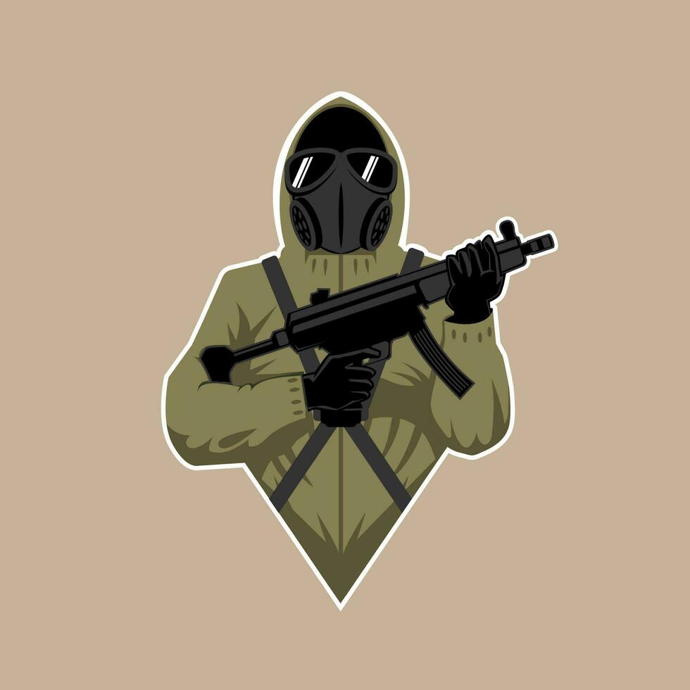 Hooded Soldier holding weapon in hazmat suit vector