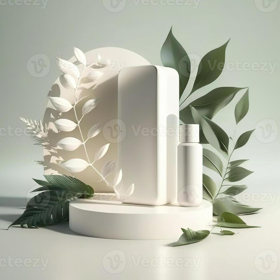 3D white podium for beauty skincare products display. stand to show cosmetic product. . photo