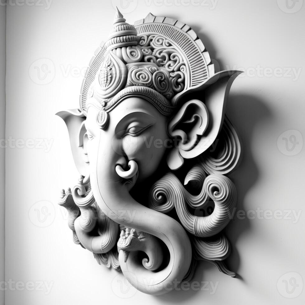 A white walled room with a statue of an Indian mythological God Lord Ganesha as Mural. . photo