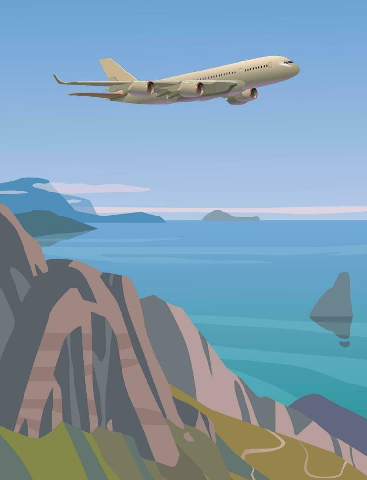 The plane flies over the sea and mountains. Vector. vector