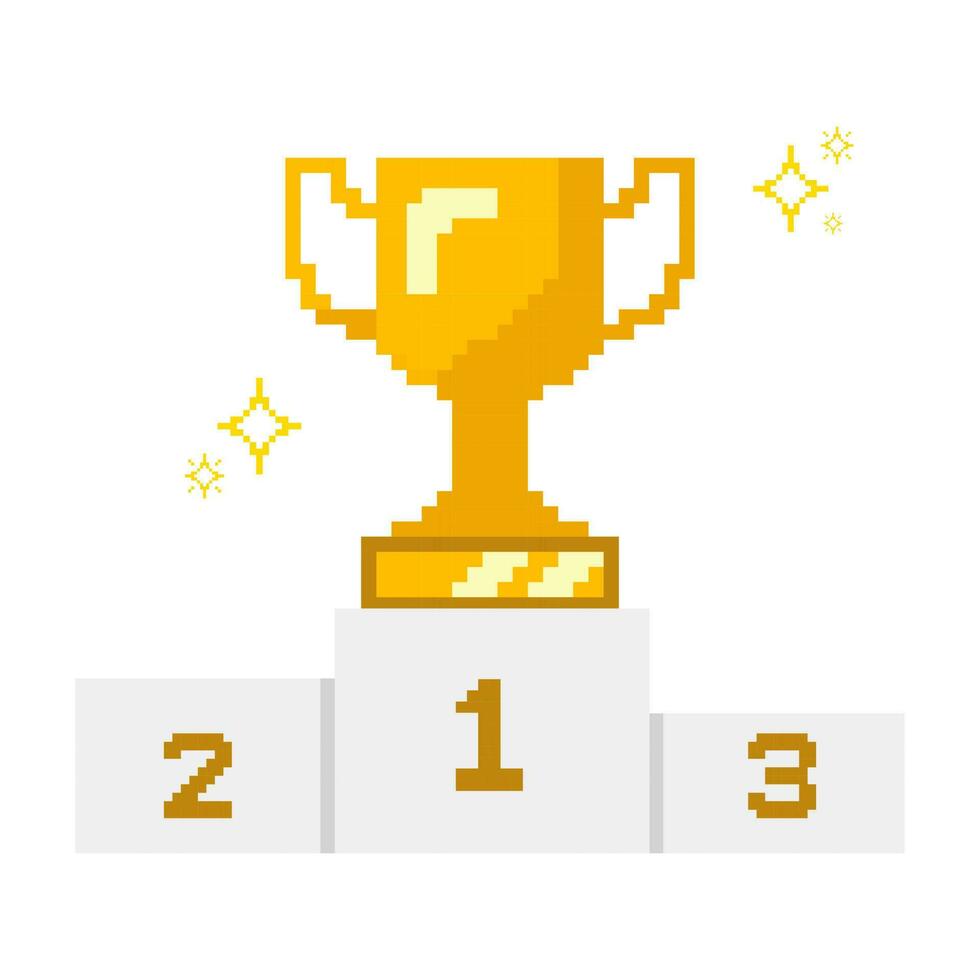 Gold trophy pixel art on the on the podium with sparkling star. vector