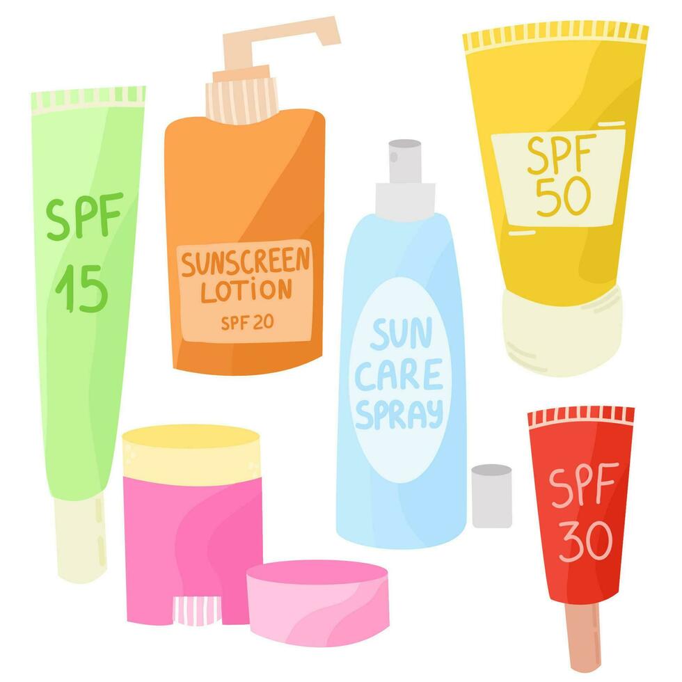 Set of different sunscreen. Skin care routine.Sunscreen moisturizer, sunblock, skin protection and UV rays blocking concept. vector