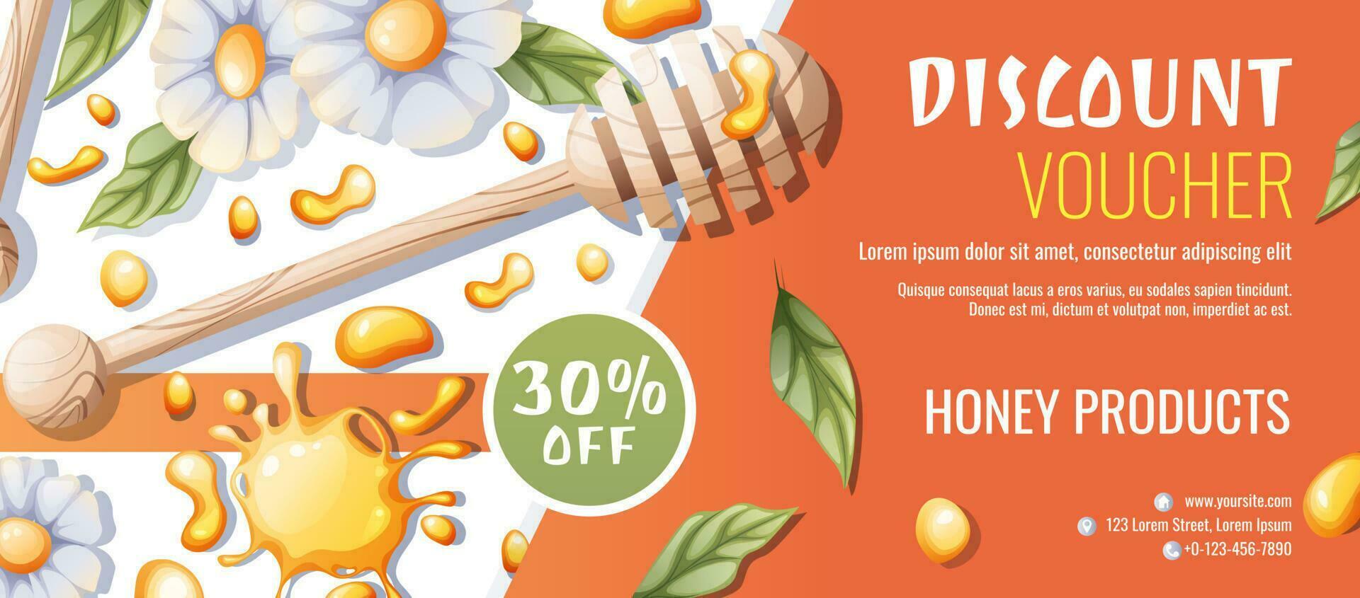 Sale banner with honey products. Discount voucher for honey shop. Honey spoon with flowers. Healthy organic food. Vector background.