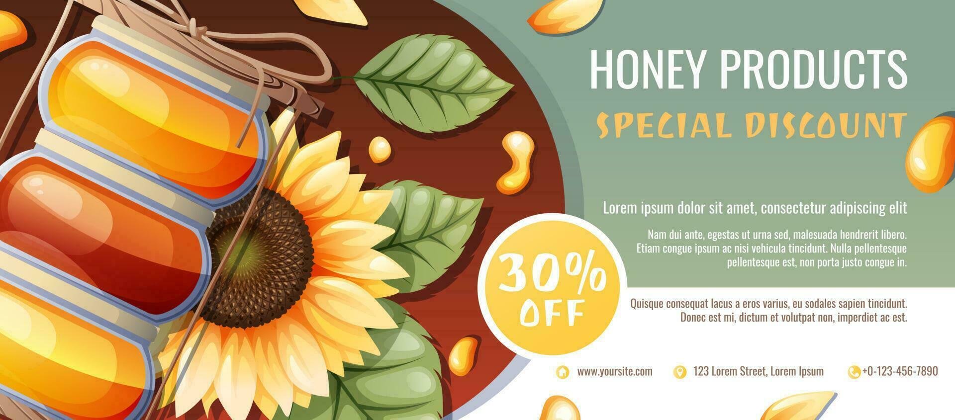 Sale banner with honey products. Discount voucher for honey shop. A jar of honey with a sunflower. Healthy organic food. Vector background.
