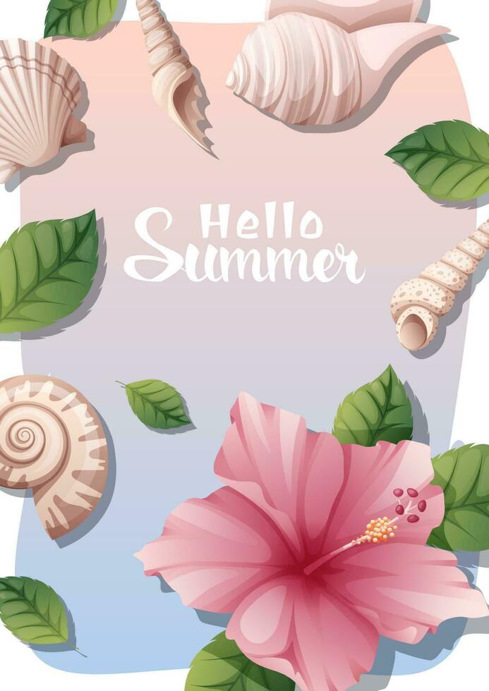 Summer background with hibiscus flowers, sea shells, clams, starfish. Postcard, banner, flyer with tropical plant. vector