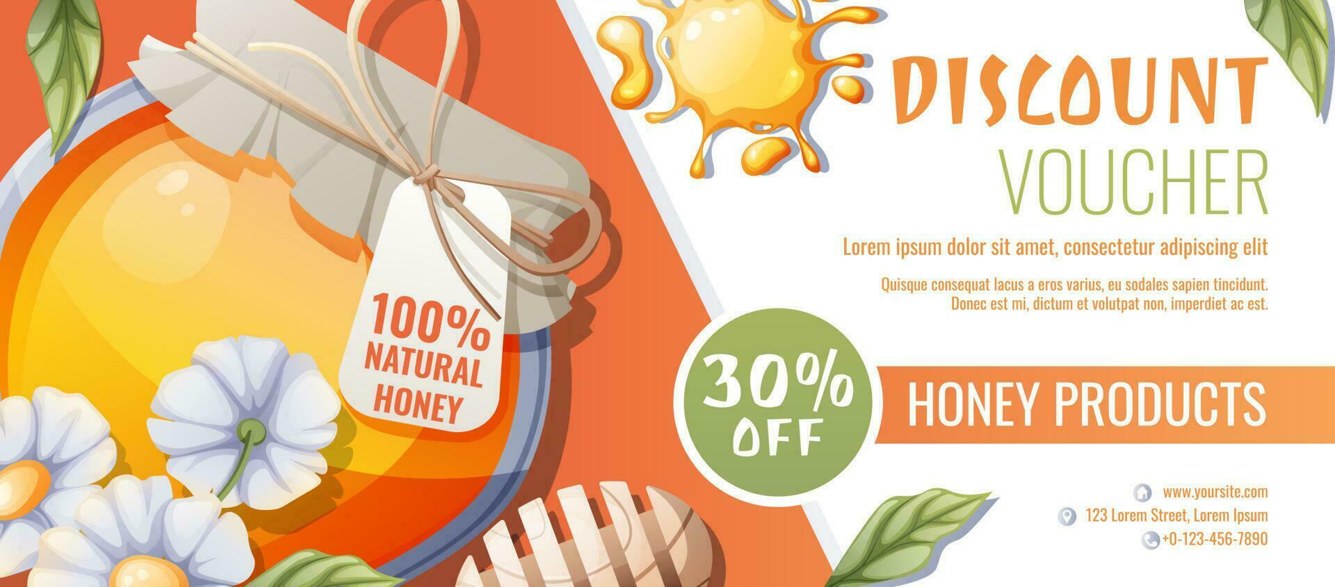 Sale banner with honey products. Discount voucher for honey shop. A jar of honey with flowers. Healthy organic food. Vector background.