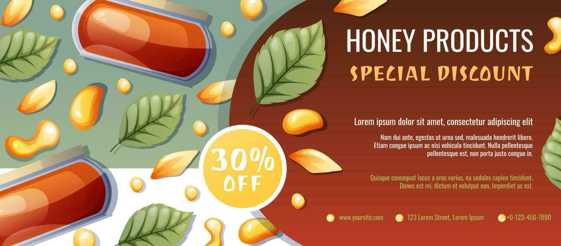 Sale banner with honey products. Discount voucher for honey shop. A jar of honey with a sunflower. Healthy organic food. Vector background.