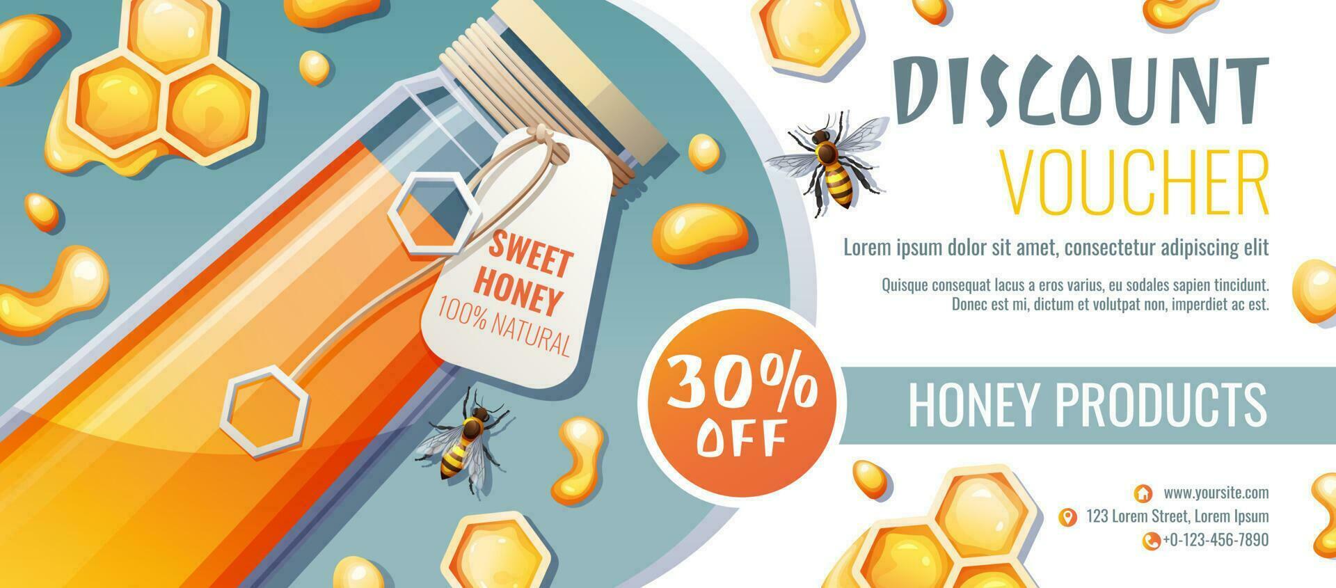 Sale banner with honey products. Discount voucher for honey shop. Honey jar with bees and honeycombs. Healthy organic food. Vector background.