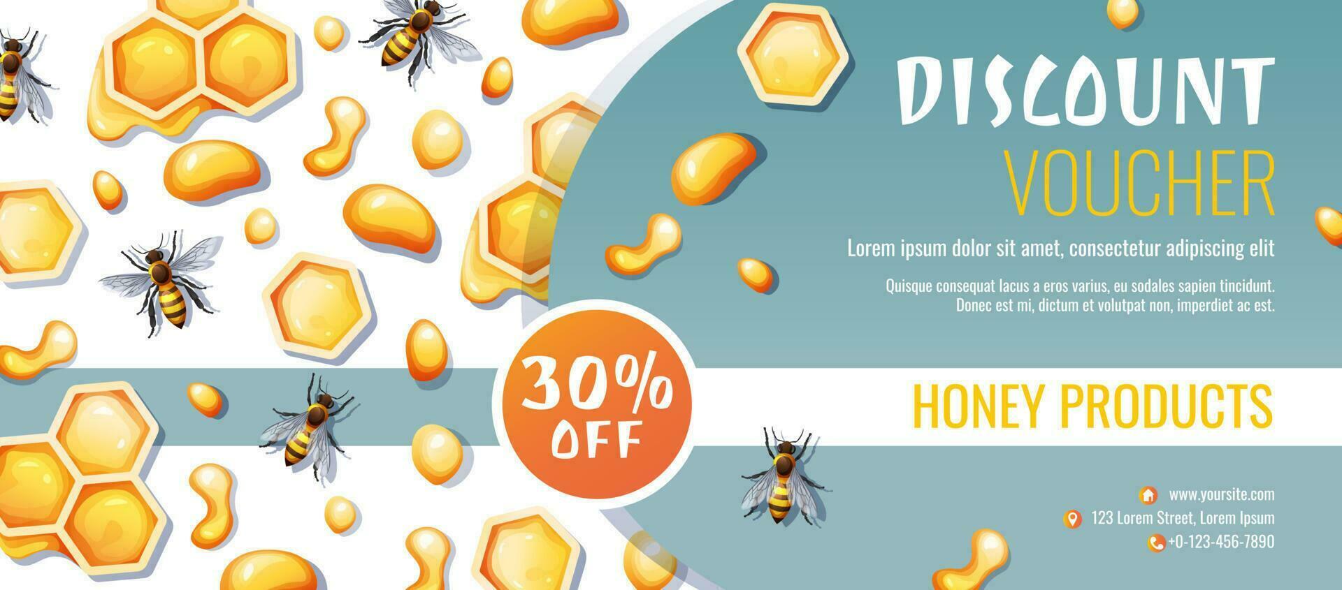 Sale banner with honey products. Discount voucher for honey shop. Bees with honeycombs and drops of honey. Healthy organic food. Vector background.