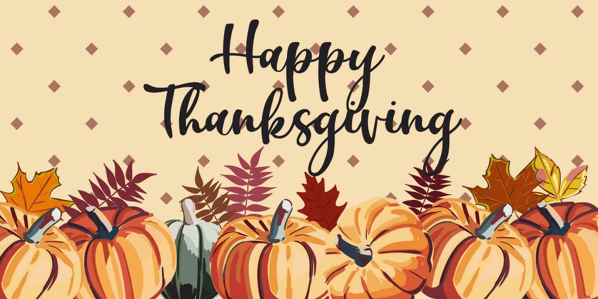 Thanksgiving day banner. Festive background with orange pumpkins, fall foliage. Horizontal holiday poster, header for website. Flat top view. Vector illustration.