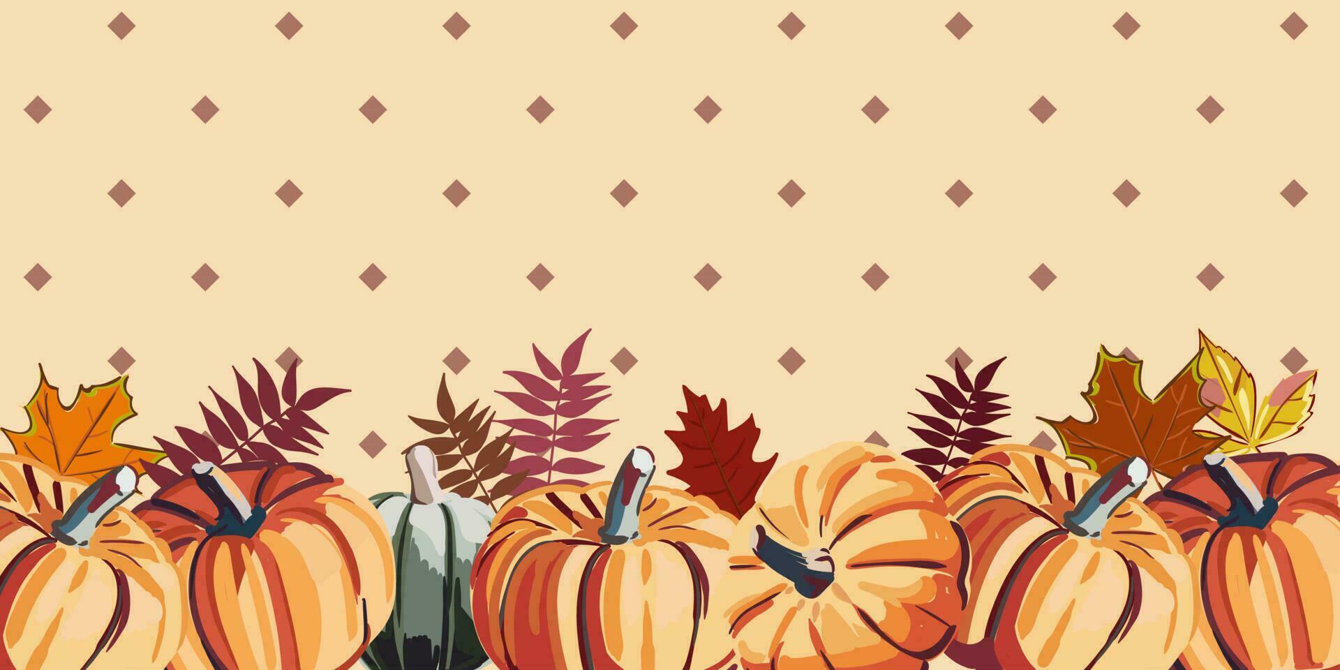 Autumn leaves and pumpkins border frame with space text. Seasonal floral maple oak tree orange leaves with gourds for thanksgiving holiday, harvest decoration vector design.
