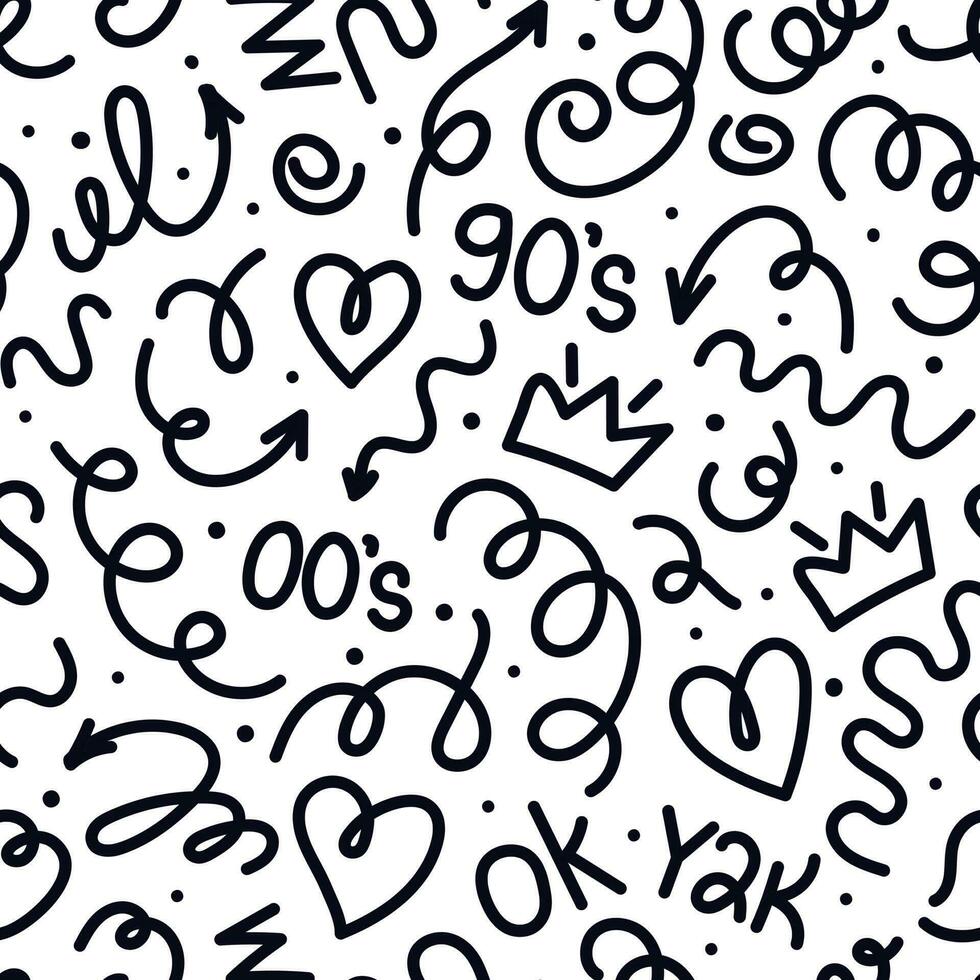 Trendy squiggles seamless pattern. Fun black white line doodle with shapes crown, heart, numbers of 90s, 00s, y2k with curly confetti. Simple childish print. For textile, backdrop, packaging vector