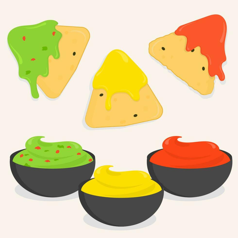 Isolated nacho chips or Mexican corn chips with guacamole, cheese, and chili dip sauce vector