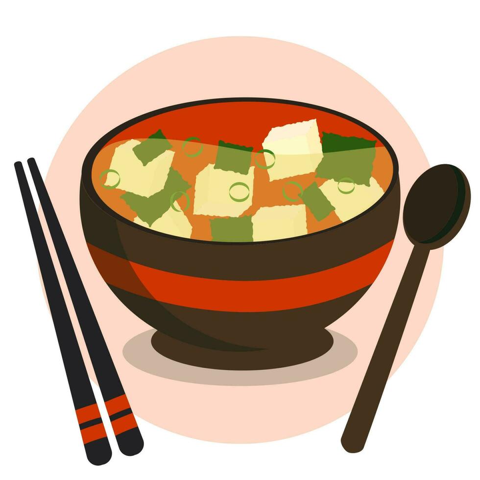 Flat design illustration of miso soup with tofu and seaweed on a bowl vector