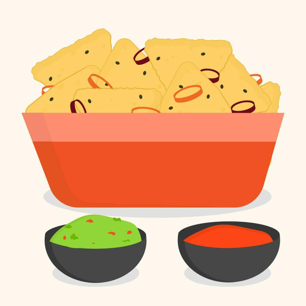 Isolated nacho chips or Mexican corn chips with guacamole and chili dip sauce vector