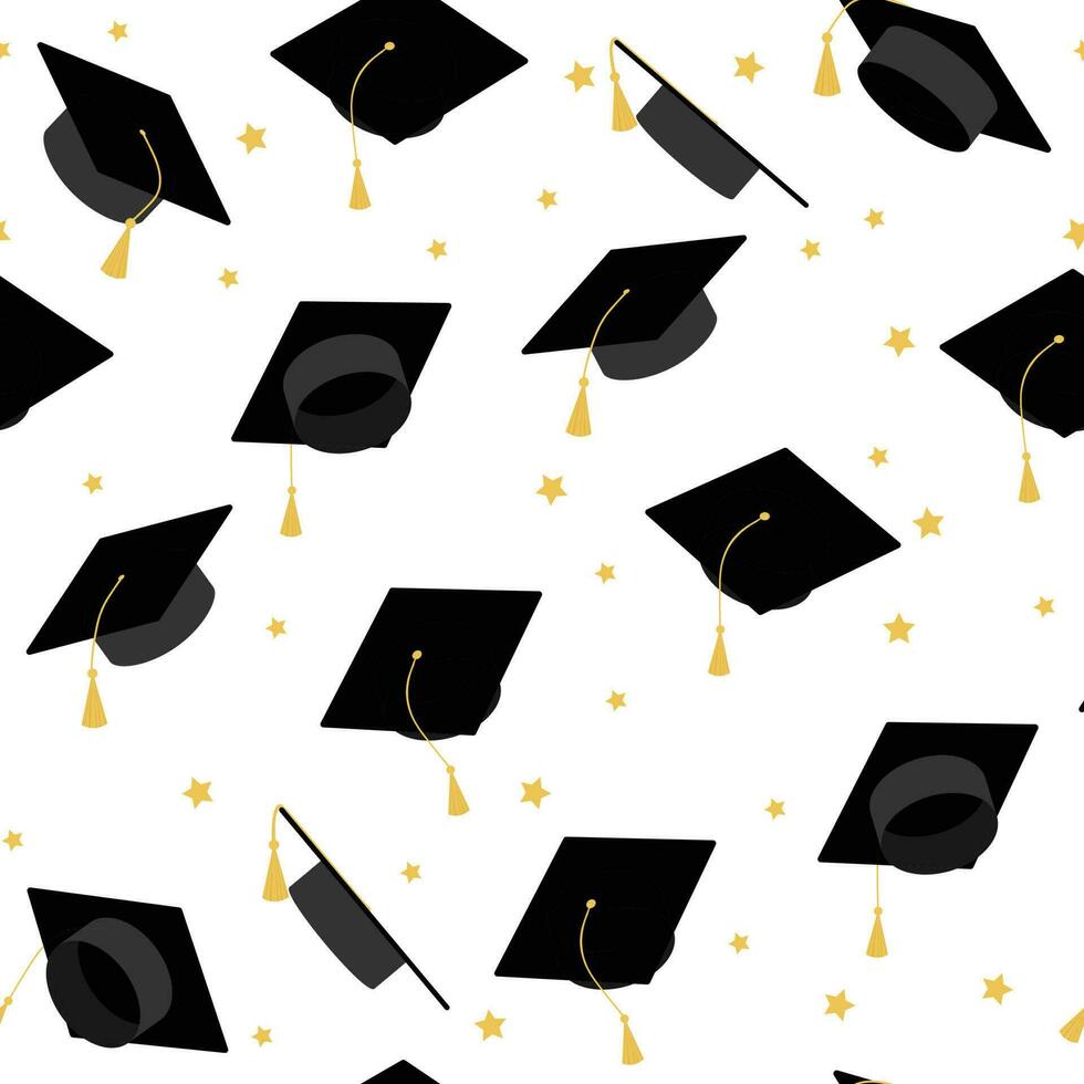 Seamless pattern with graduation cap and stars. Graduation background. vector