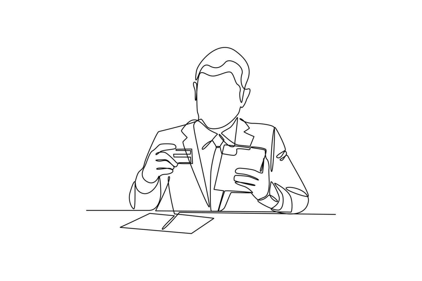 Continuous one line drawing bank clerk checking customer account. Banking concept. Single line draw design vector graphic illustration.