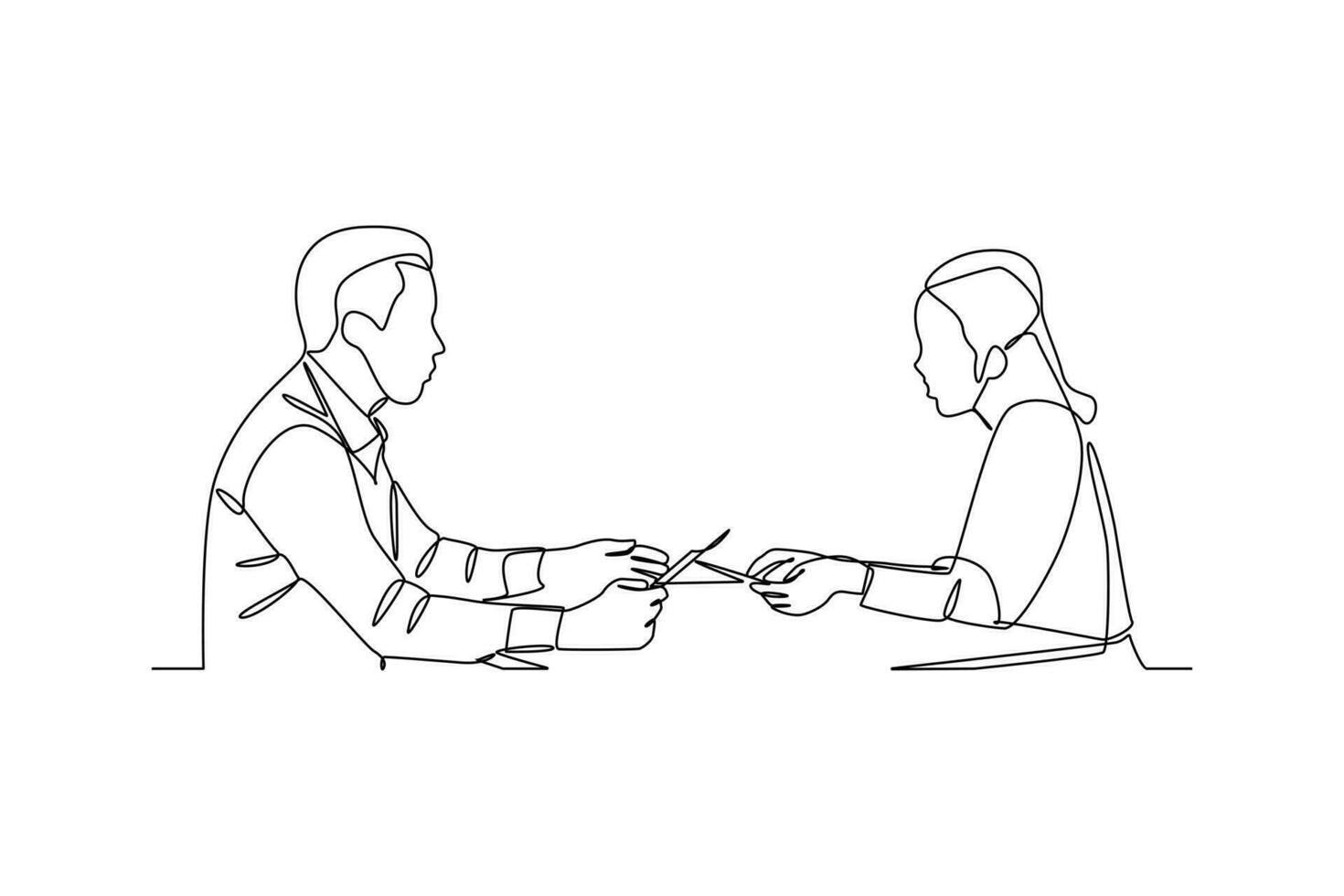 Continuous one line drawing Clerks Providing Service to Customers. Banking concept. Single line draw design vector graphic illustration.