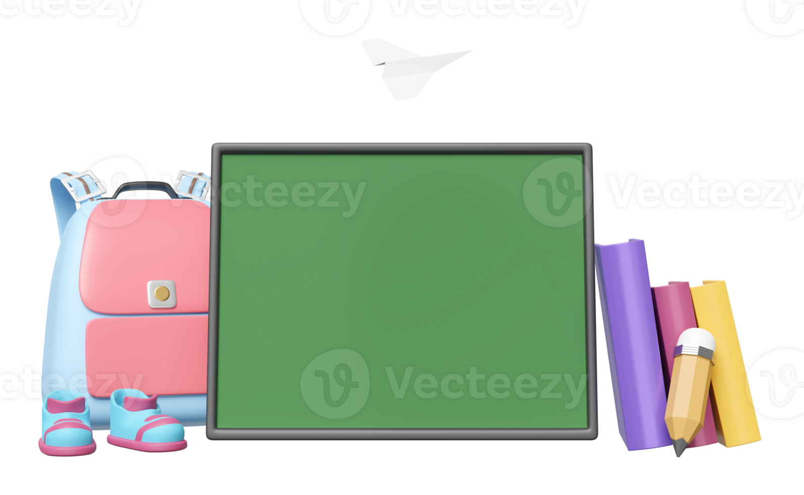3d back to school with green blackboard, backpack, textbook, close book, sneakers, shoes, school bag, pencil icon isolated. education concept, 3d render illustration png