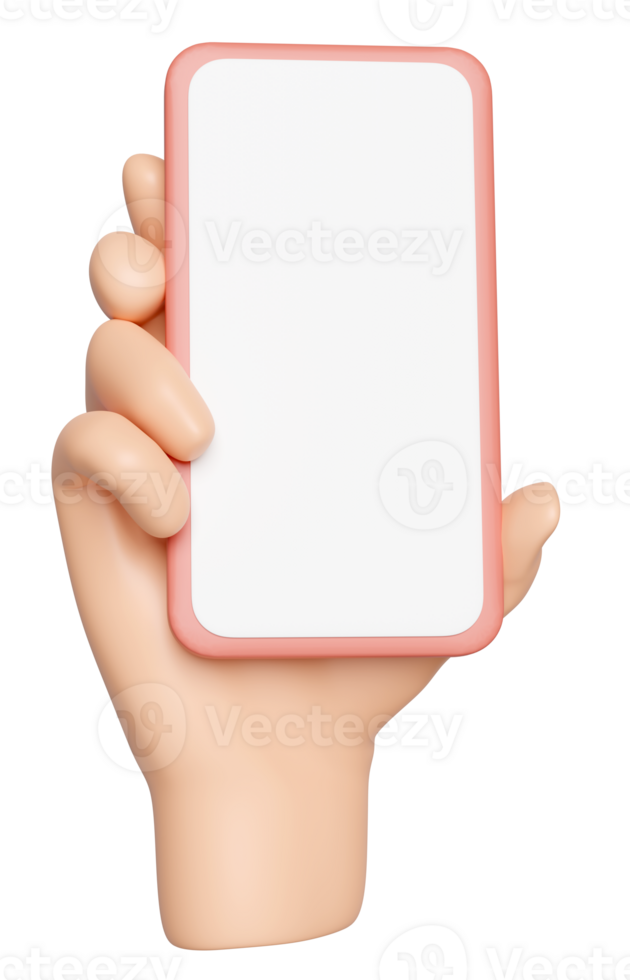 3d hand holding smartphone isolated. hand using mobile phone, screen phone template, empty screen phone mockup, minimal concept, 3d render illustration png