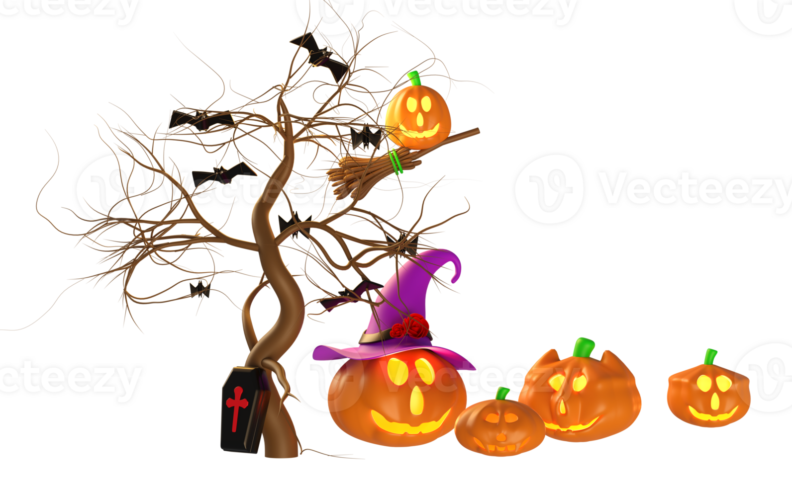 3d halloween pumpkin holiday party with flying bats, Scared Jack O Lantern and candle light in pumpkin, purple witch pointed hat, broom for happy halloween, 3d render png