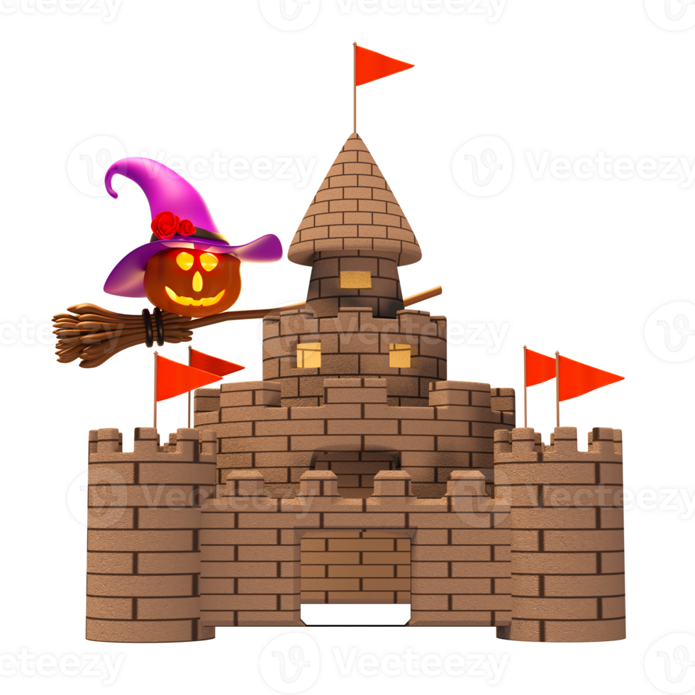 3d halloween pumpkin holiday party with haunted castle, Scared Jack O Lantern and candle light in pumpkin flying, purple witch pointed hat for happy halloween, 3d render png