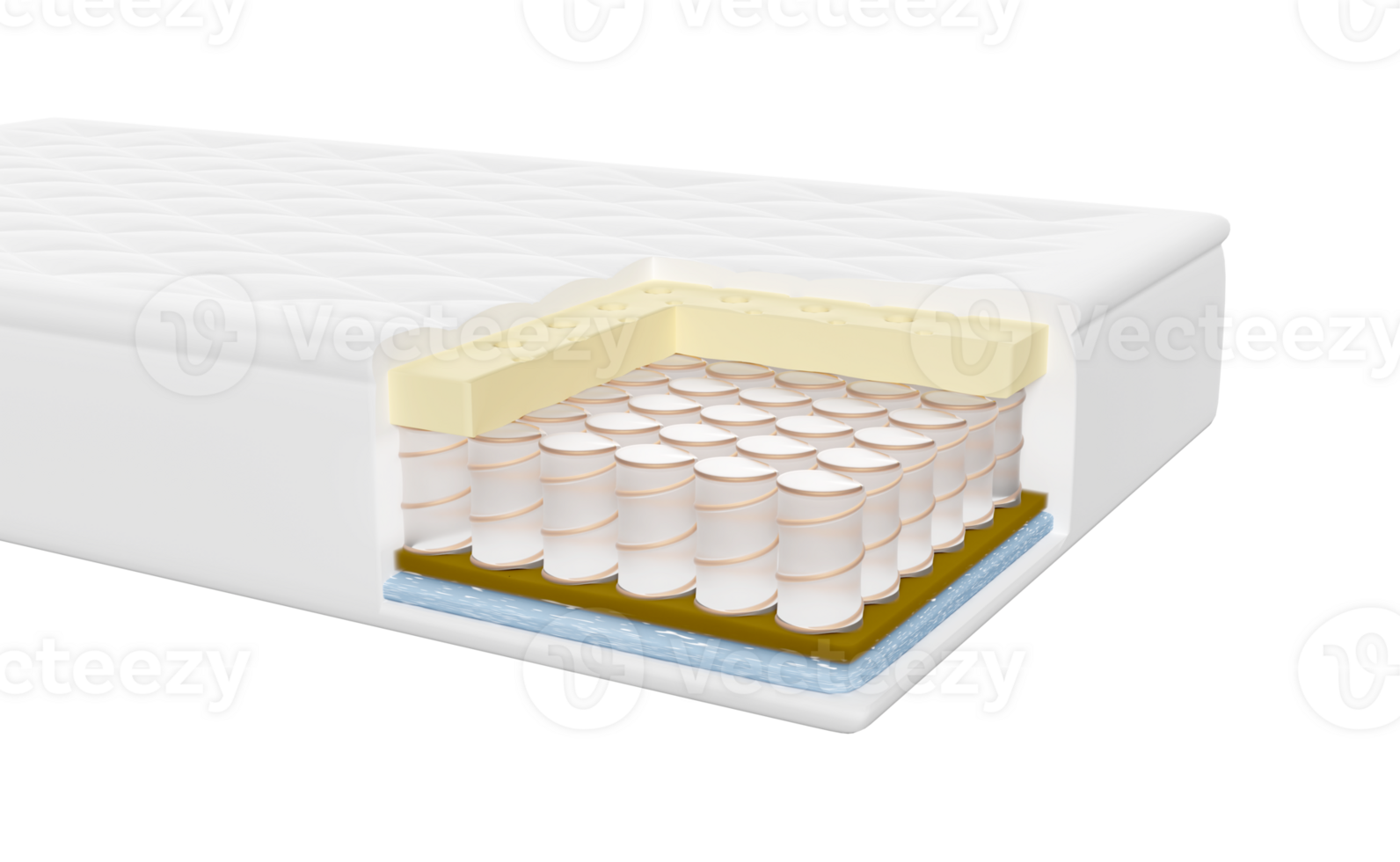 3d layered sheet material mattress with air fabric, pocket springs, natural latex, memory foam isolated. 3d render illustration png
