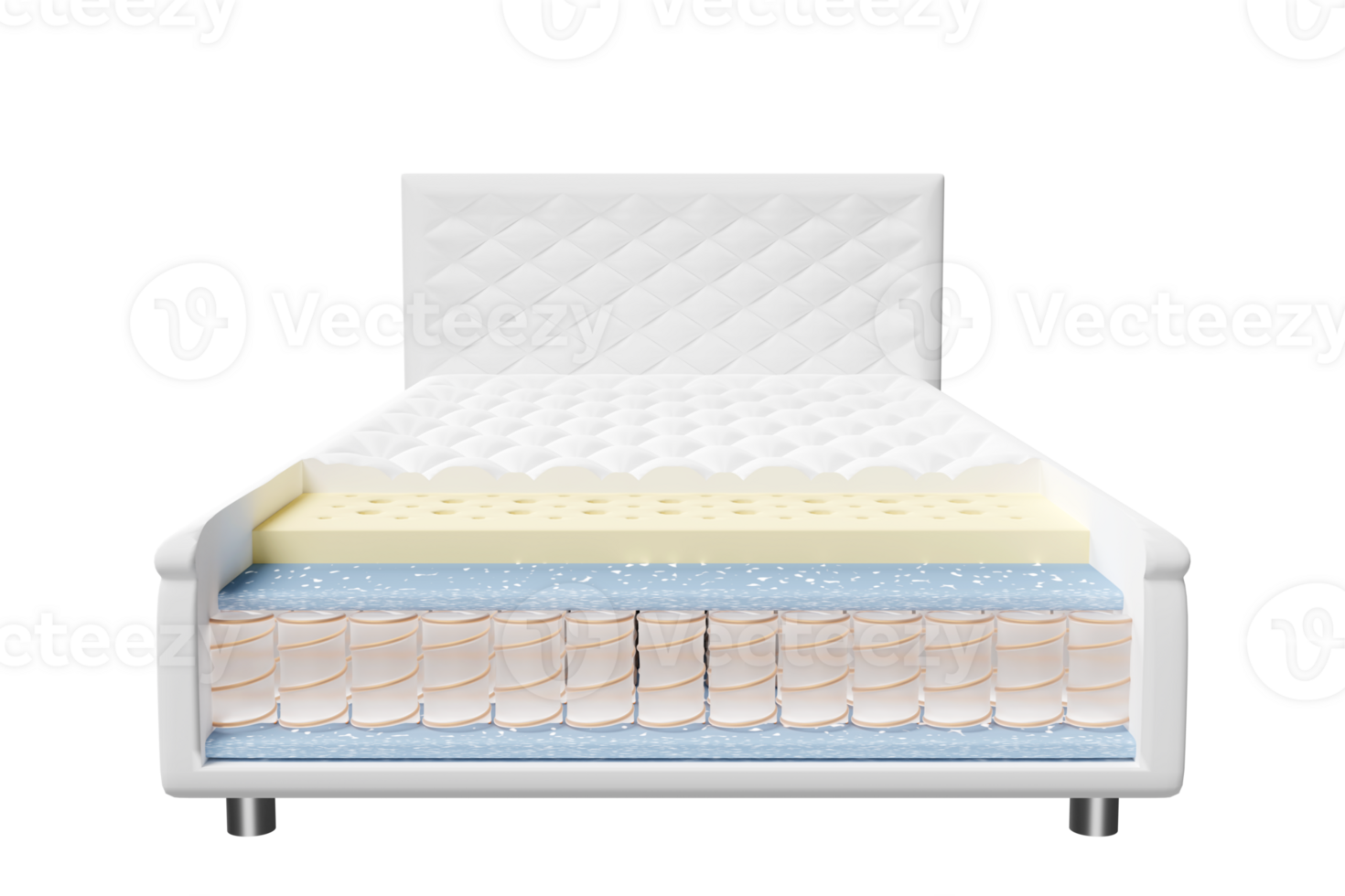 3d layered sheet material mattress with air fabric, pocket springs, natural latex, memory foam isolated. 3d render illustration png