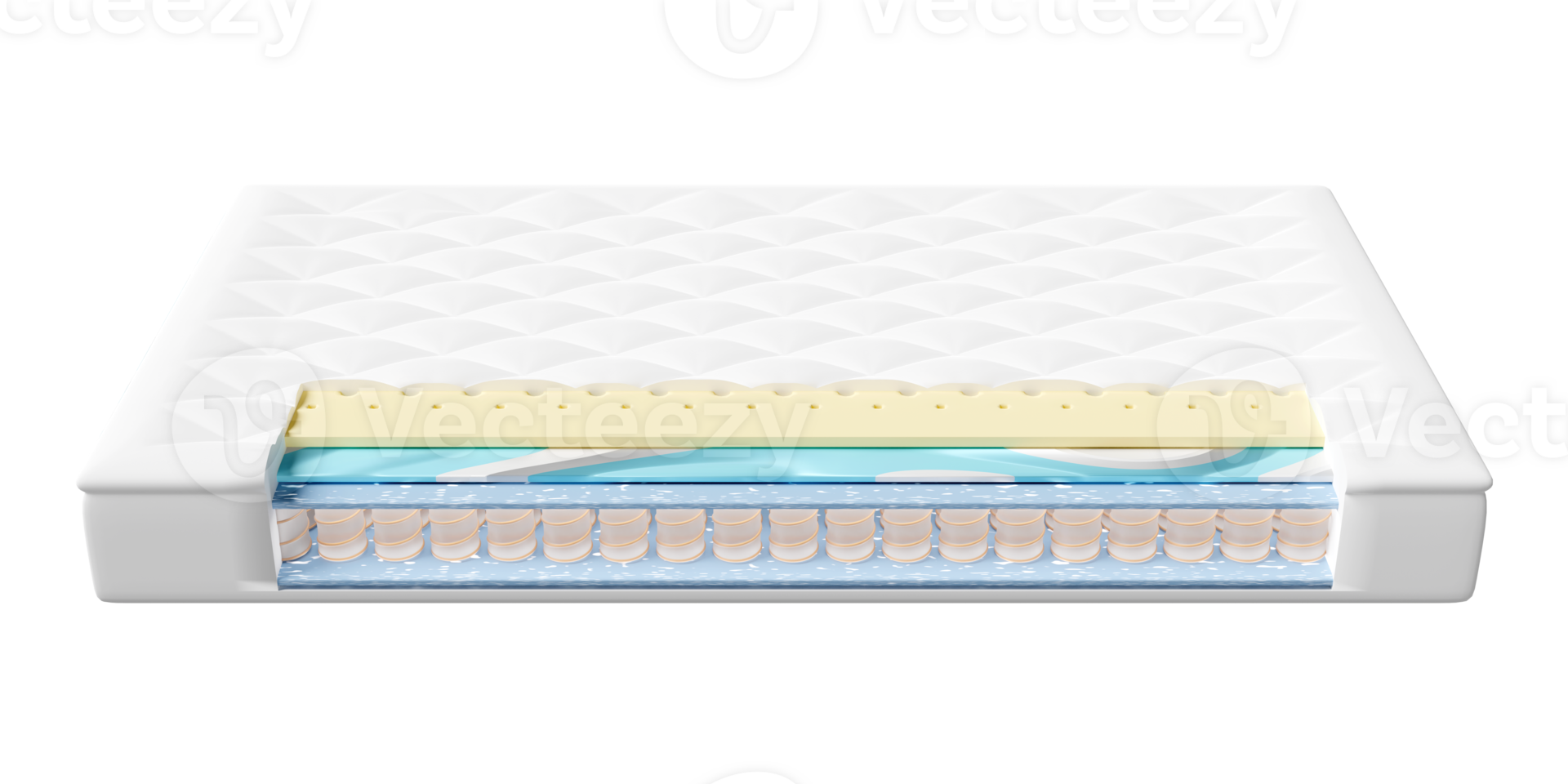 3d layered sheet material mattress with air fabric, pocket springs, natural latex, memory foam isolated. 3d render illustration png