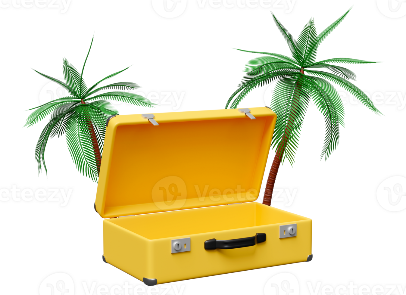 3d yellow open suitcase empty with palm tree isolated. summer travel concept, 3d render illustration png